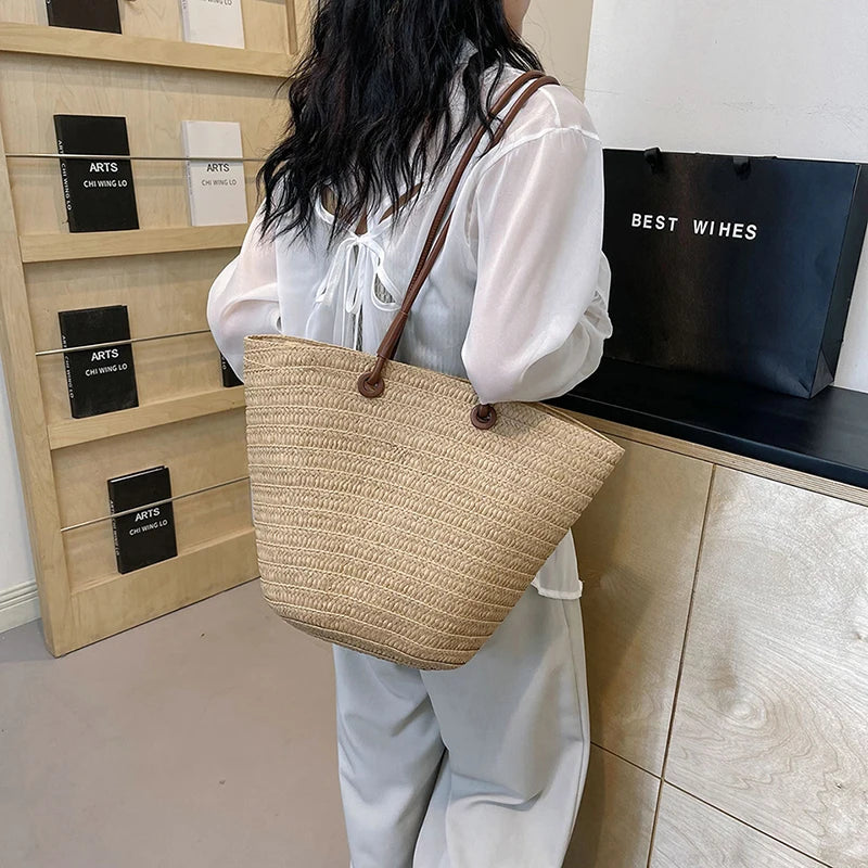 Large Design Straw Shoulder Bags for Women 2024 Y2K Korean Fashion Summer Tote Bags Travel Handbags and Purses Lady Beach Bag
