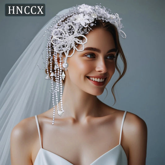 HNCCX Trendy White Color Pearl Flower Headband Bridal Tiara For Women Bride Pearl Tassel Luxury Wedding Hair Accessories CP741 