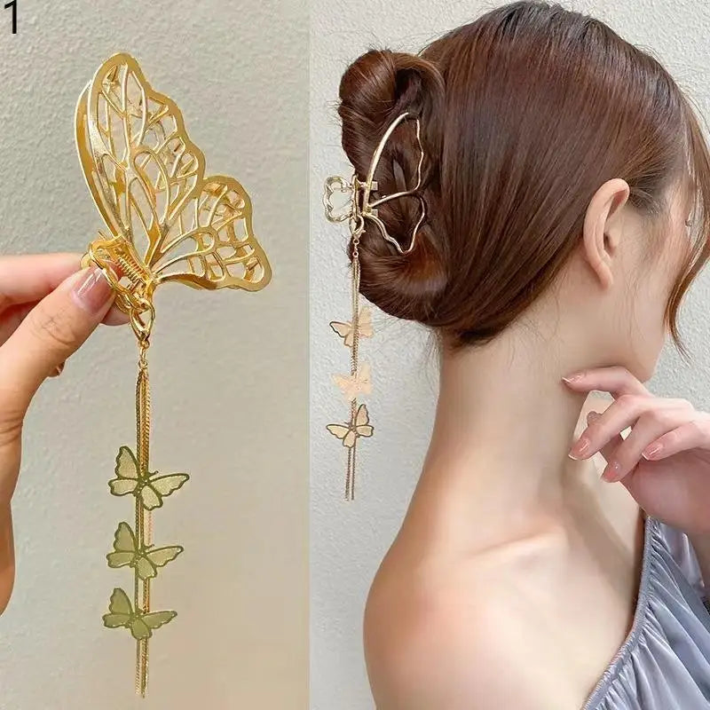 Temperament Hollow Butterfly Hair Claws Nonslip Elegent Golden Clips With Butterfly Tassel Hairband Hair Accessories