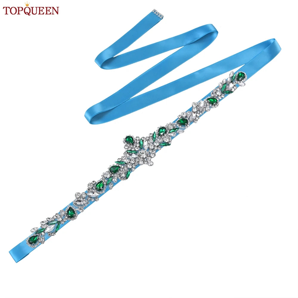 TOPQUEEN S462-KL Rhinestone Bridal Belt Wedding With Green Diamond Wedding Dress Accessories Belt Sash Party Women Dress Belt