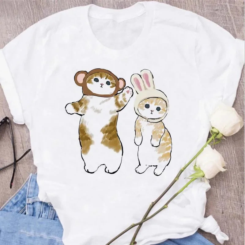 Cute Cats Printing Women T-shirts New Kawaii Women's Tops Fashion Women Clothing Funny Korean Style Creative Casual Clothes Tees