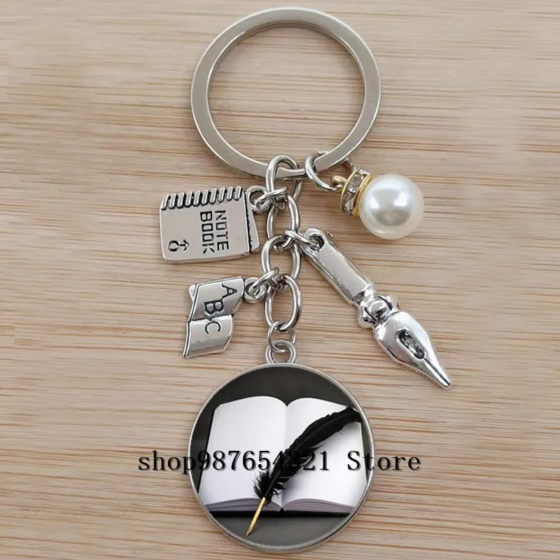 Classic Library Books Keychain Vintage Old Books Key Chain Librarians Key Ring Gift for Nerd Bookworm Writer Teacher