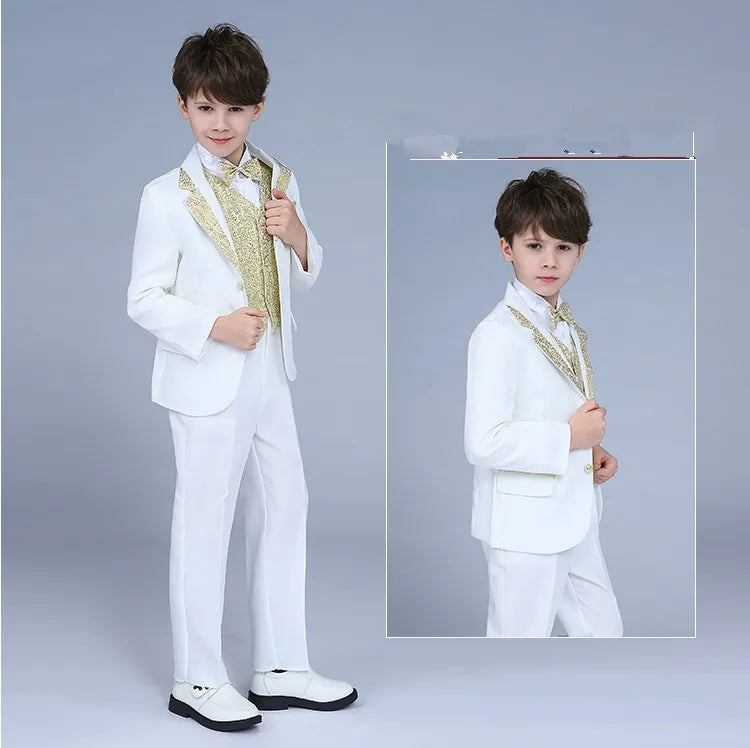 Kids Blazer 5Pieces/Set Jacket Vest Pants Shirt Bowtie Wedding Birthday Party Dress Boys Slim Fit Ceremony Photography Costume