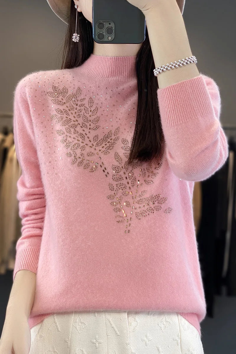 Autumn and Winter New Line ready to wear Knitted Half High Collar Leaf Diamond Women's Solid Color Simple Fashion Sweater