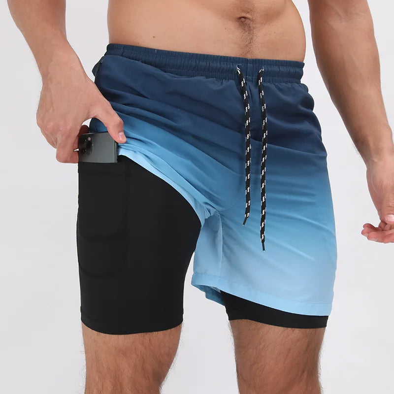 Summer Shorts Men Double Layer Beach Wear Surf Swimming Sportswear Fitness Loose Shorts Casual Trouser New Swimwear