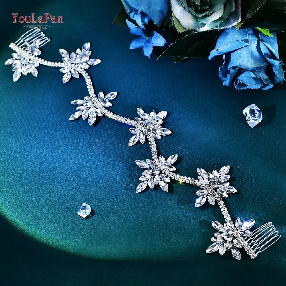 YouLaPan Crystal Flowers Hairpiece Bridal Wedding Hair Accessories Handmade Rhinestone Forehead Tiara Crown for Bride HP618