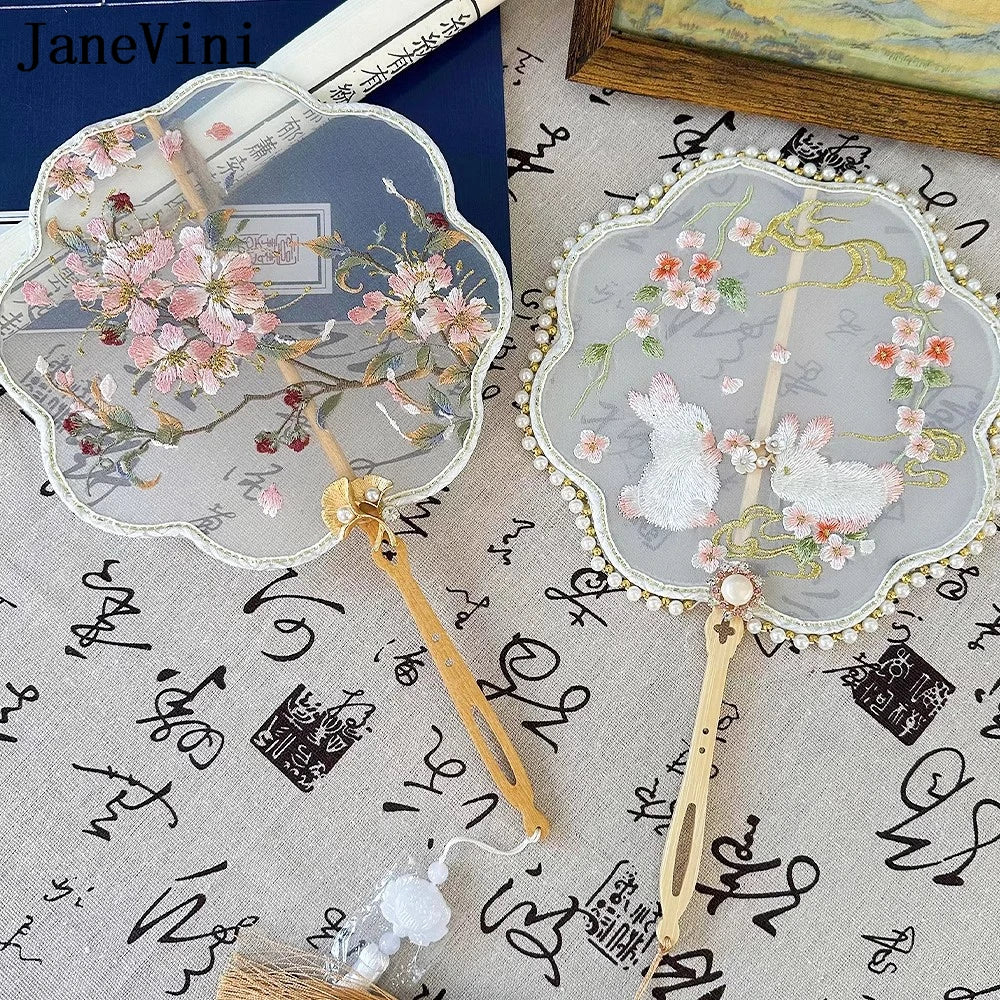JaneVini Delicate Embroidery Flowers Rabbit Wedding Bride Fan Handmade Hanfu Xiuhe Bridal Fan Bouquet Accessories Handicraft