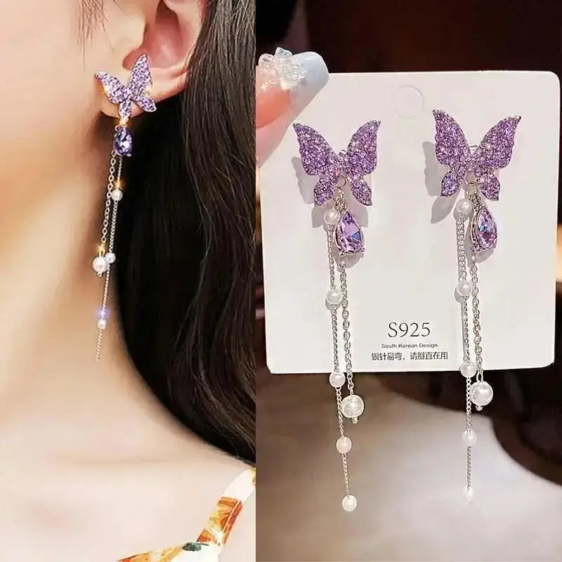 925 Silver Needle Korean Fashion Crystal Heart Earrings For Women Jewelry 2024 Trending Women's Red White Pearl Drop Earrings