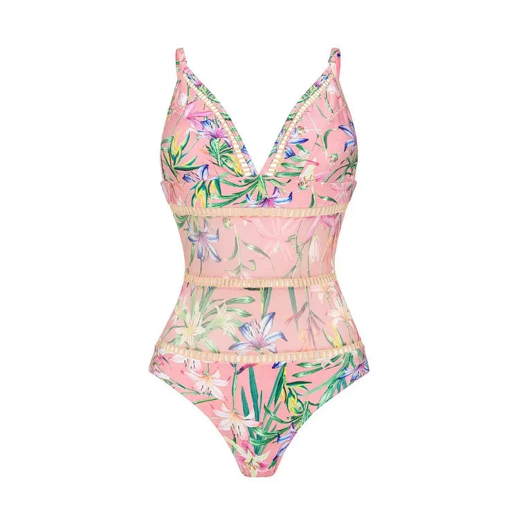 2025 Vintage Floral One Piece Swimsuit Floral Ruffle Printed Push Up Women Bikini Set Swimwear Slimming Bathing Suit Beach Wear