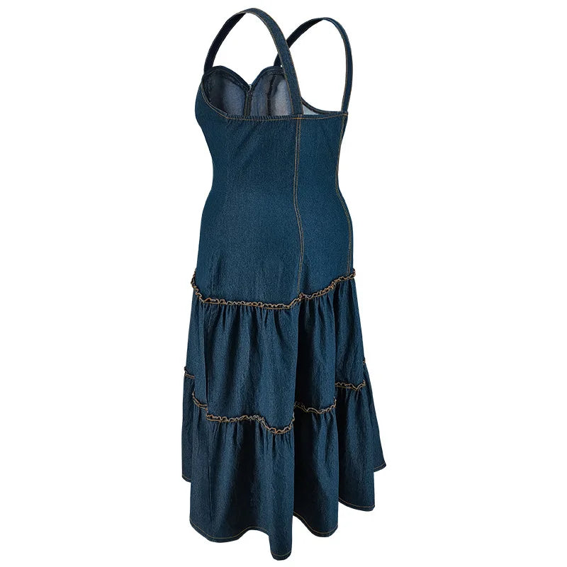 2025 Summer Spaghetti Strap Plus Size Denim Dress Women Sleeveless Large Midi Jean Dress Lady Backless Pleated Curvy Long Dress