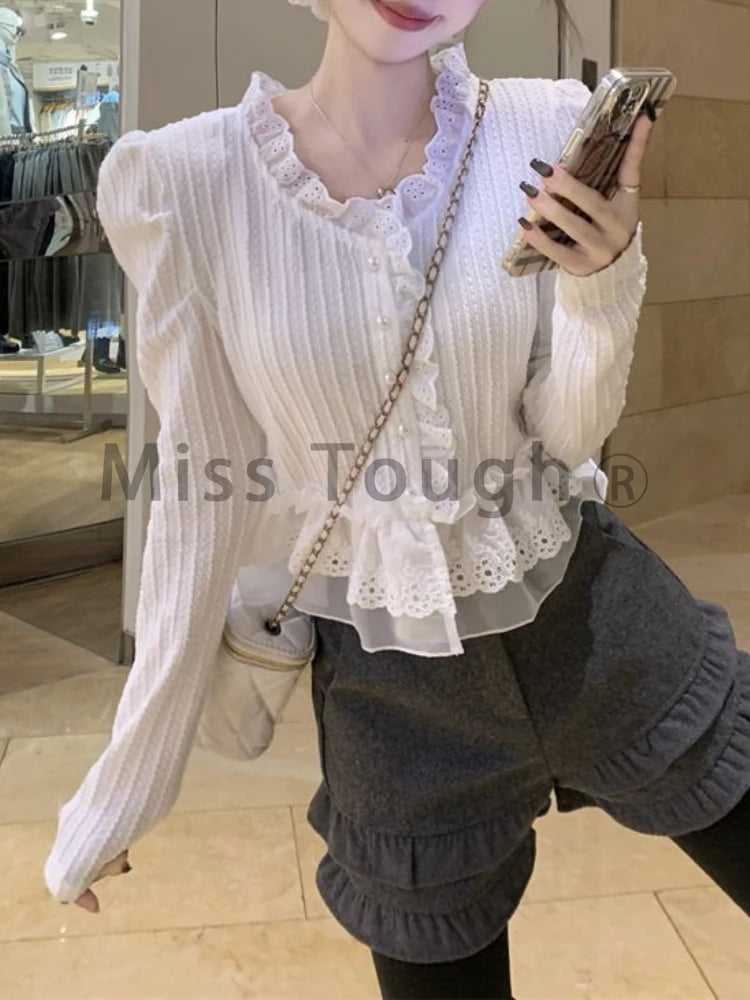 New Sweet clothes Gentle Lace V-neck Shirt Female New Japanese Fashion Slim Elegant Shirt Spring 2025 Harajuku Long Sleeve Solid Clothes