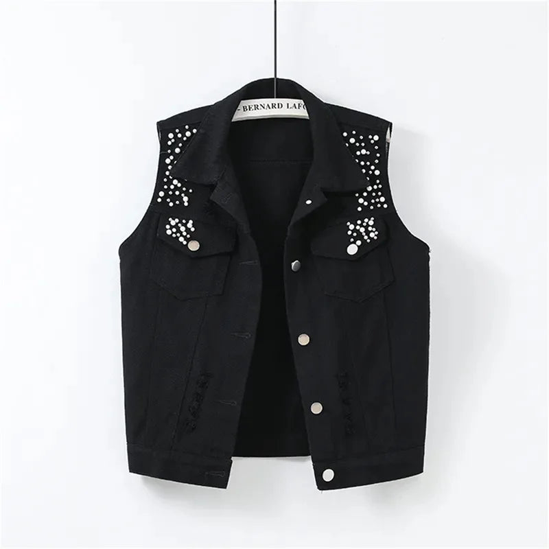2025 clothes New Vintage Hole Sleeveless Jean Waistcoat Short Jacket Female Outerwear Spring Autumn Denim Vest Women Clothes