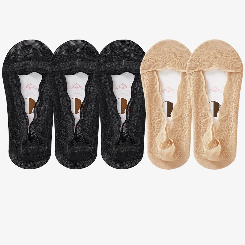 5pairs Summer Women Girl Silica Gel Lace Boat Socks Invisible Cotton Sole Non-slip Antiskid Slippers Anti-Slip Short Ankle Socks