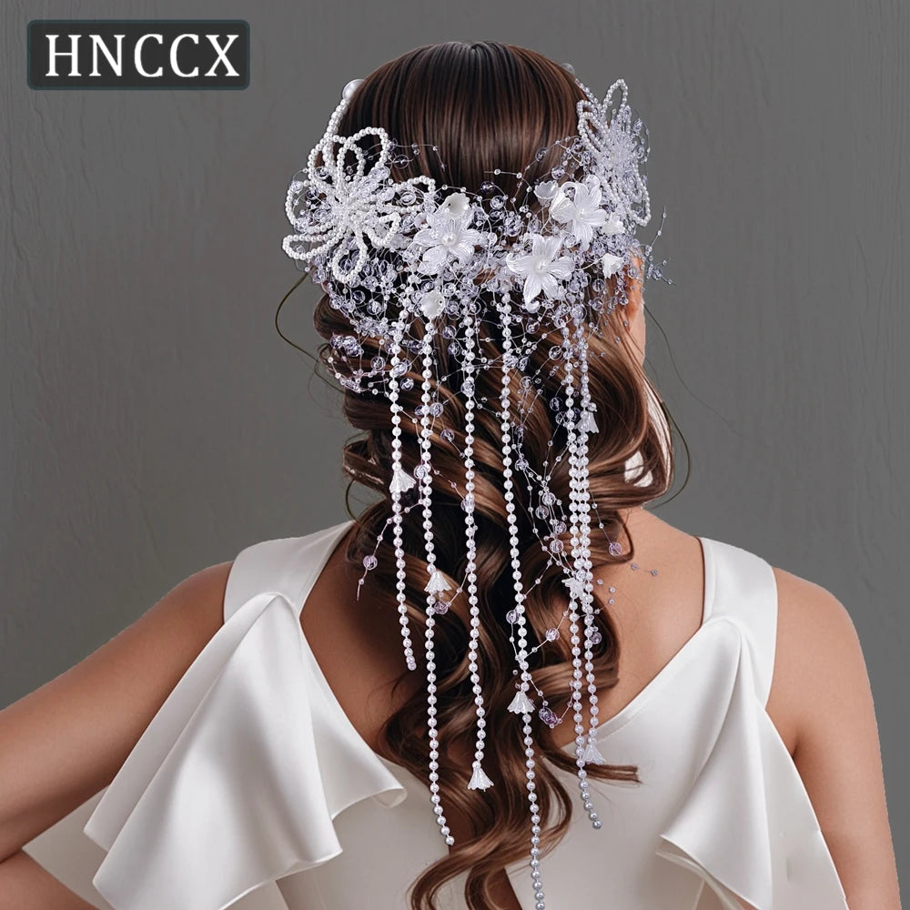 HNCCX Trendy White Color Pearl Flower Headband Bridal Tiara For Women Bride Pearl Tassel Luxury Wedding Hair Accessories CP741 