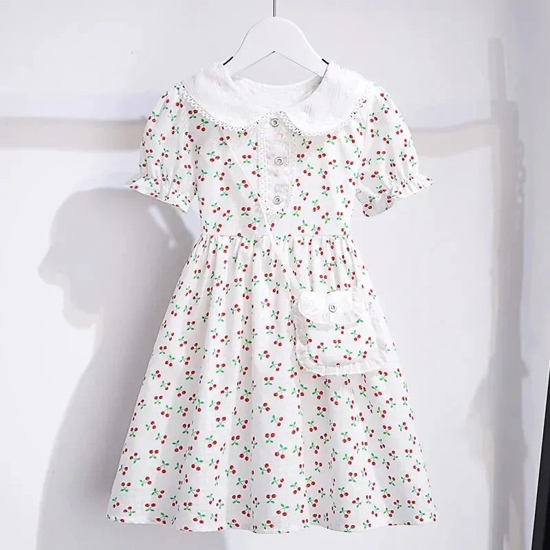 spring summer Kids Girls Princess Teenager Floral chiffon white fruit print Dresses Clothing 4 - 14 Years