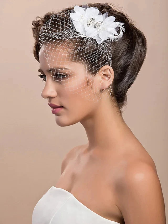 Black Veil Birdcage Veil White Feather Applique Shiny Rhinestones Headband Veil for Bridal Wedding Hair Accessories Fascinators