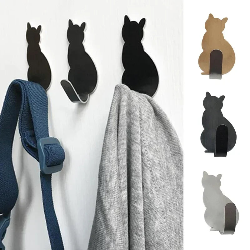2Pcs Cat-shaped Metal Wall Door Hanger Hook Keys Holder Strong Stainless Steel Adhesive Hook Kitchen Bathroom Home Decor