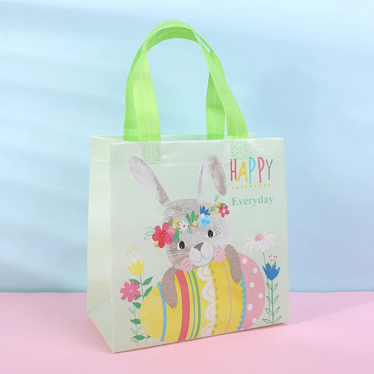 4pcs Easter Waterproof Non-woven Gift Bag Cartoon Egg Bunny Printed Candy Packaging Bag With Handles Happy Easter Party Supplies