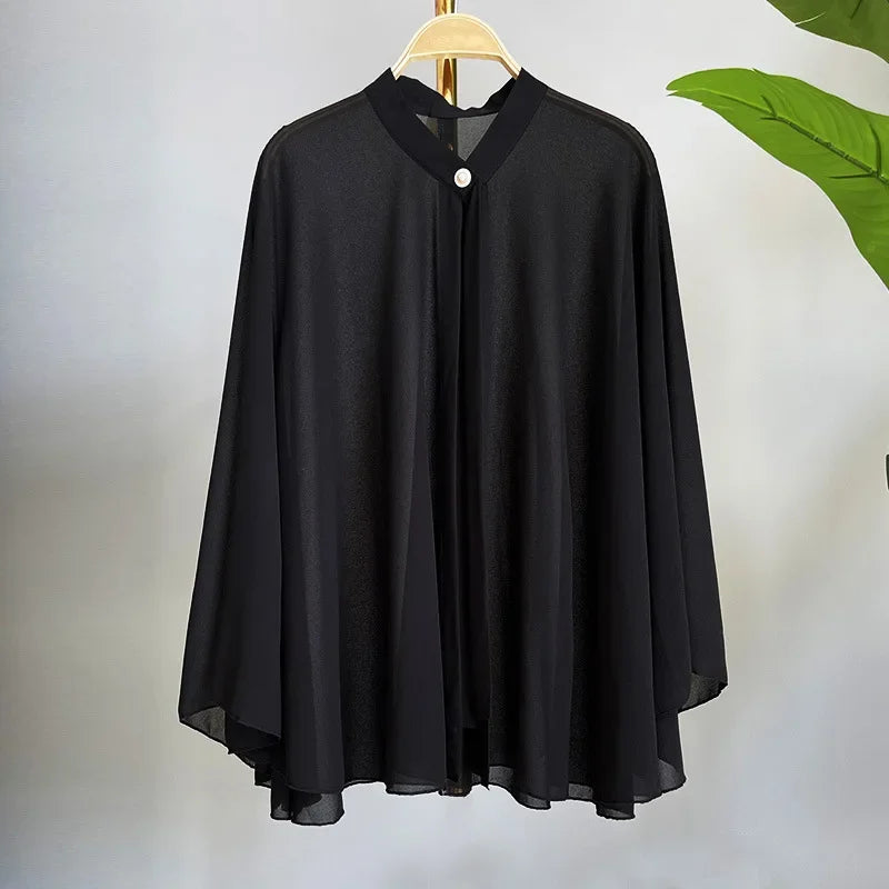 2025 Summer New Shawl Chiffon Sunscreen Clothes Women Lace Up Cloak Thin Air Conditioning Cardigan Lady Poncho Capes Black