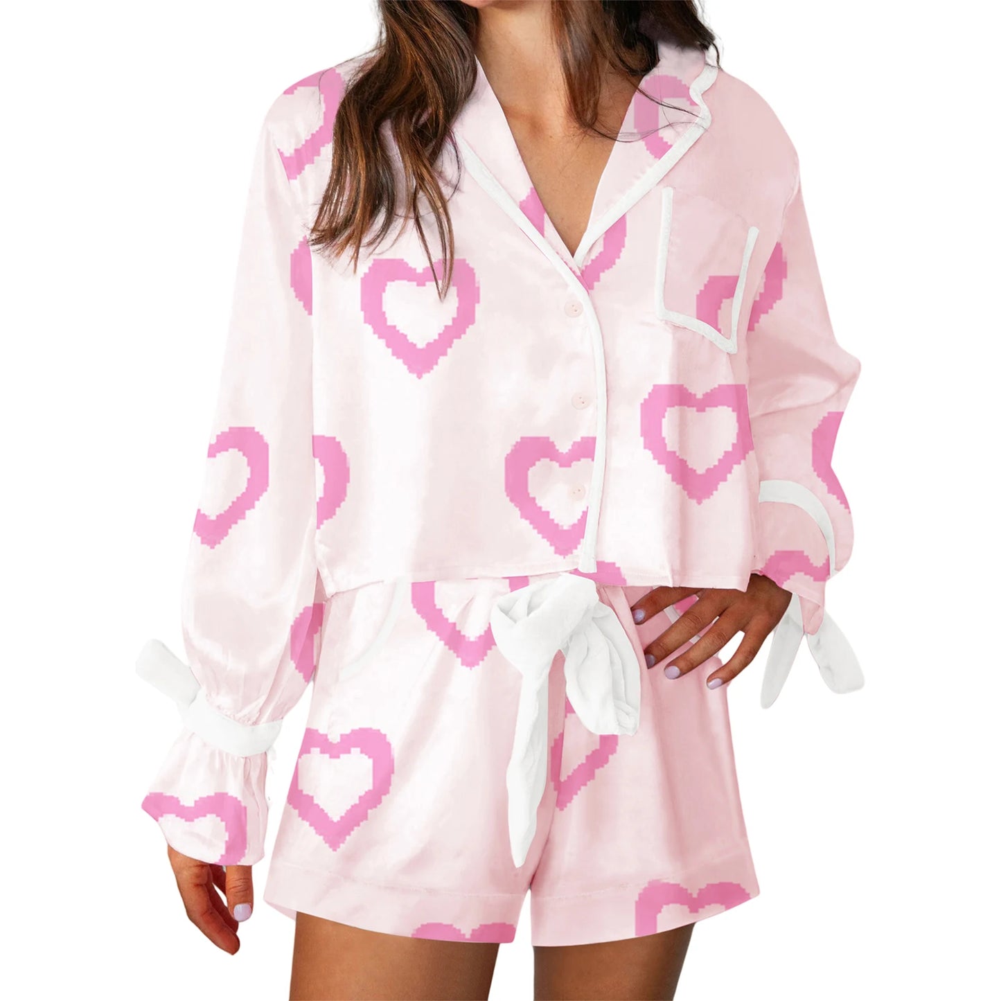 Women s Valentine s Day Lounge Set Long Sleeve Heart Print Shirt Drawstring Shorts Sleepwear