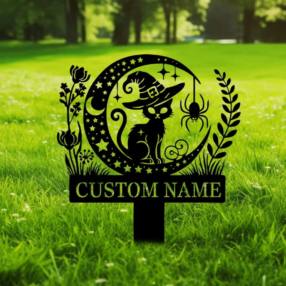 Custom Witch Cat Garden Stake Featuring Luminous Eyes - A Must - Have Black Cat Yard Stake for Halloween Yard Decoration.