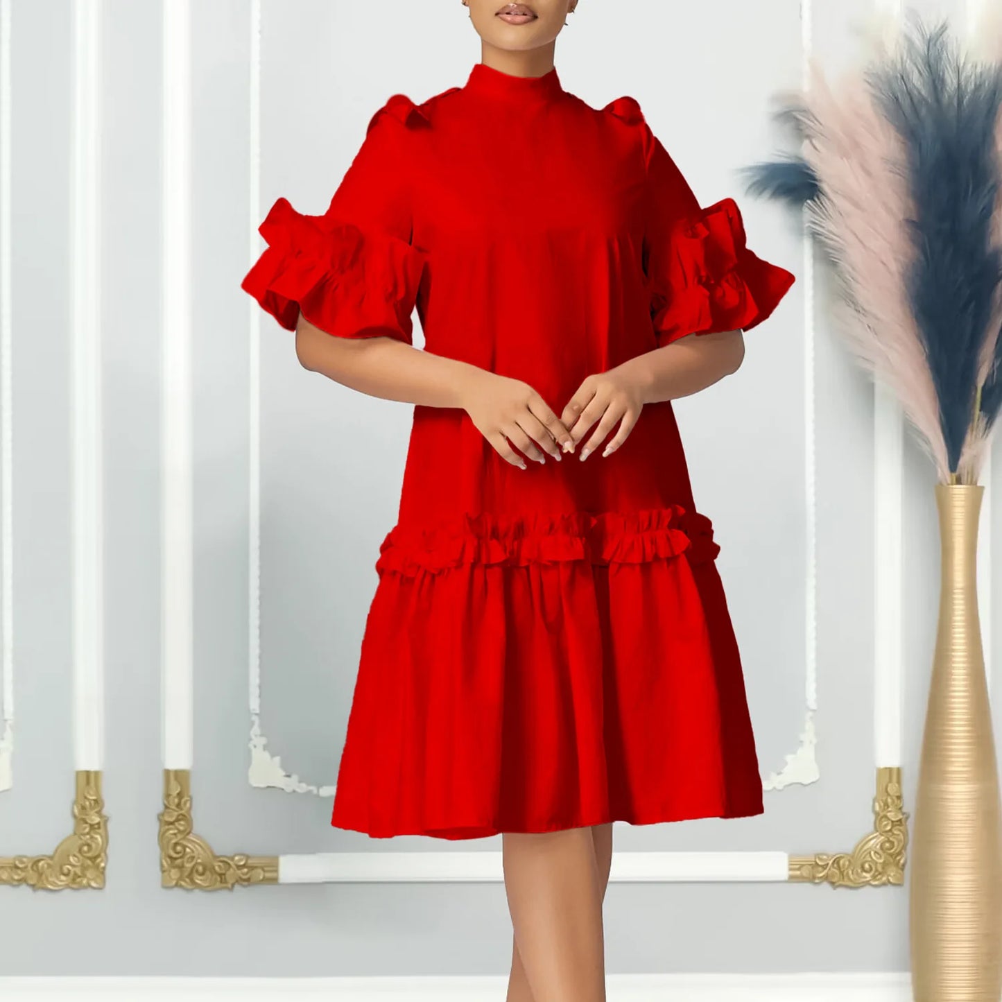 FairyShely Solid 2025 Verge Short Sleeve Plus Size Dress Women Large Loose Big Folds Dresses Lady Summer Party Tight Curvy Dress