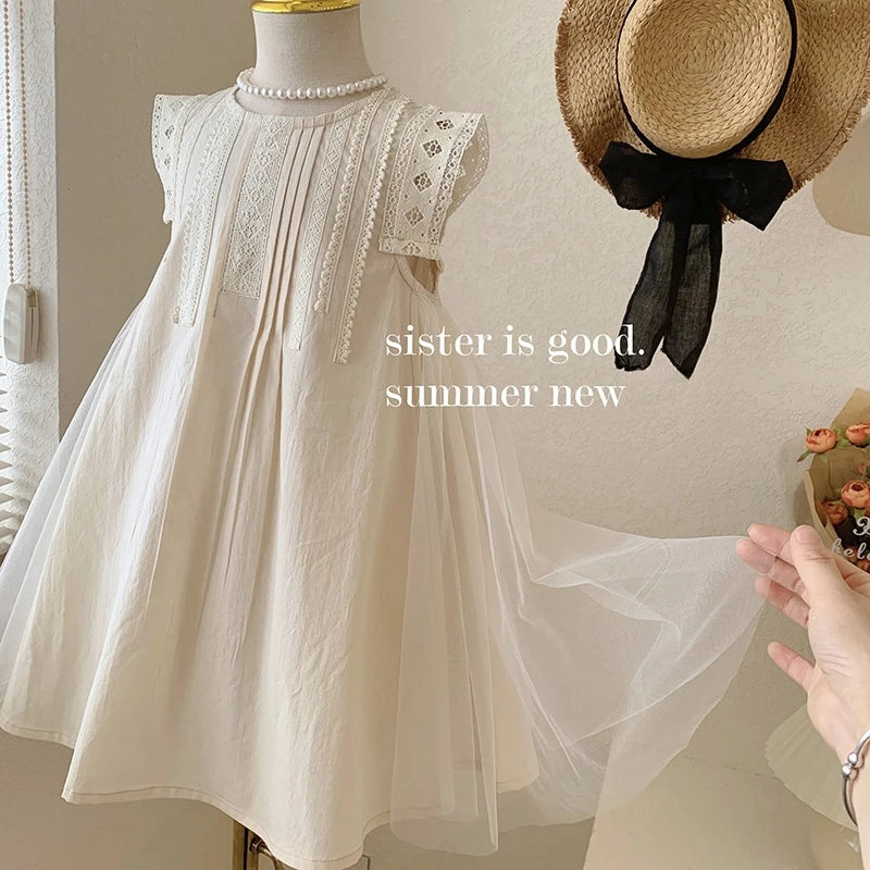 2024 Summer New 2 3 4 5 6 7 8 9 10 12 Years Children Lace Patchwork Cotton Embroidery Sleeveless Loose Dress For Kids Baby Girl
