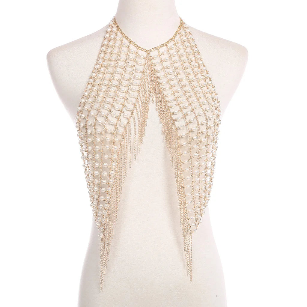 Women's Jewelry Summer Pearl Necklace Ins Style Chest Shoulder Chain Multi Layered Tassel Bra Body Chain Accessories Lingerie