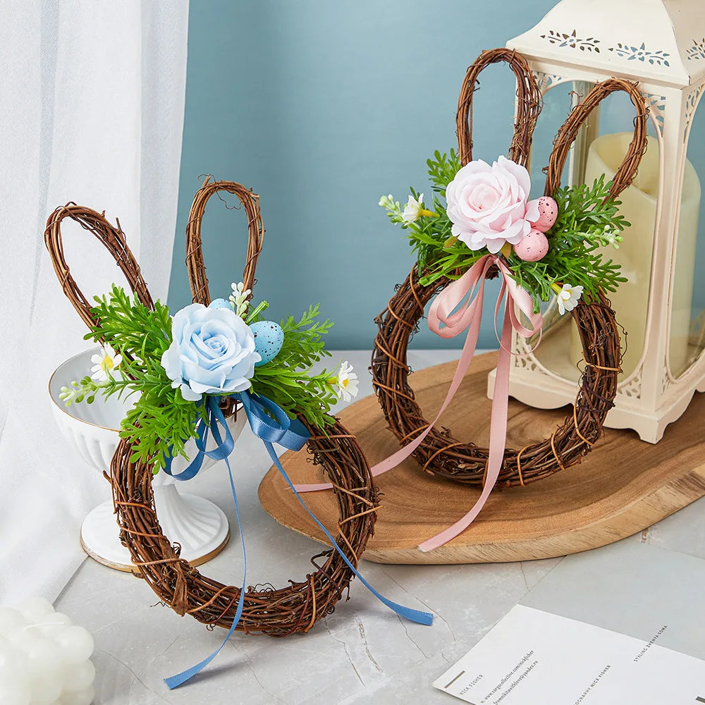 Easter Wreath Cartoon Rabbit Shape Outdoor Home Door Hanging Decoration Hand-Woven Simulated Wreath Ribbon Bow Decoration
