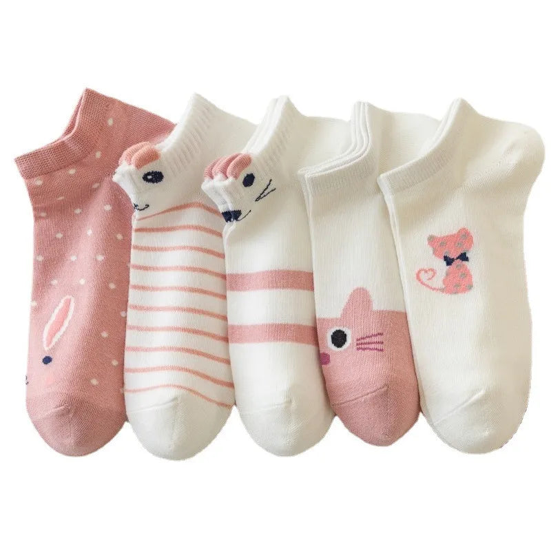 Women's Socks 5 Pair Kawaii Cartoon Cute Cat Socks For Women Funny Spring Cat Low Cut Short Academy Ankle Socks Woman BZ109