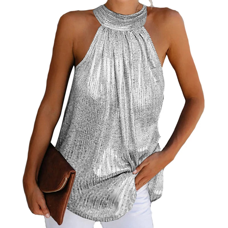Women Golden Blouse 2024 Fashion High Neck Sleeveless Hatler Tank Top Vest Summer Casual Loose Blouse Shirt Tees clothes