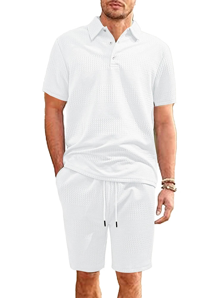 Fashion Textured Jacquard Two Piece Suits For Mens 2025 Summer Casual Solid Color Loose Polo Shirts And Shorts Outfits Men Sets