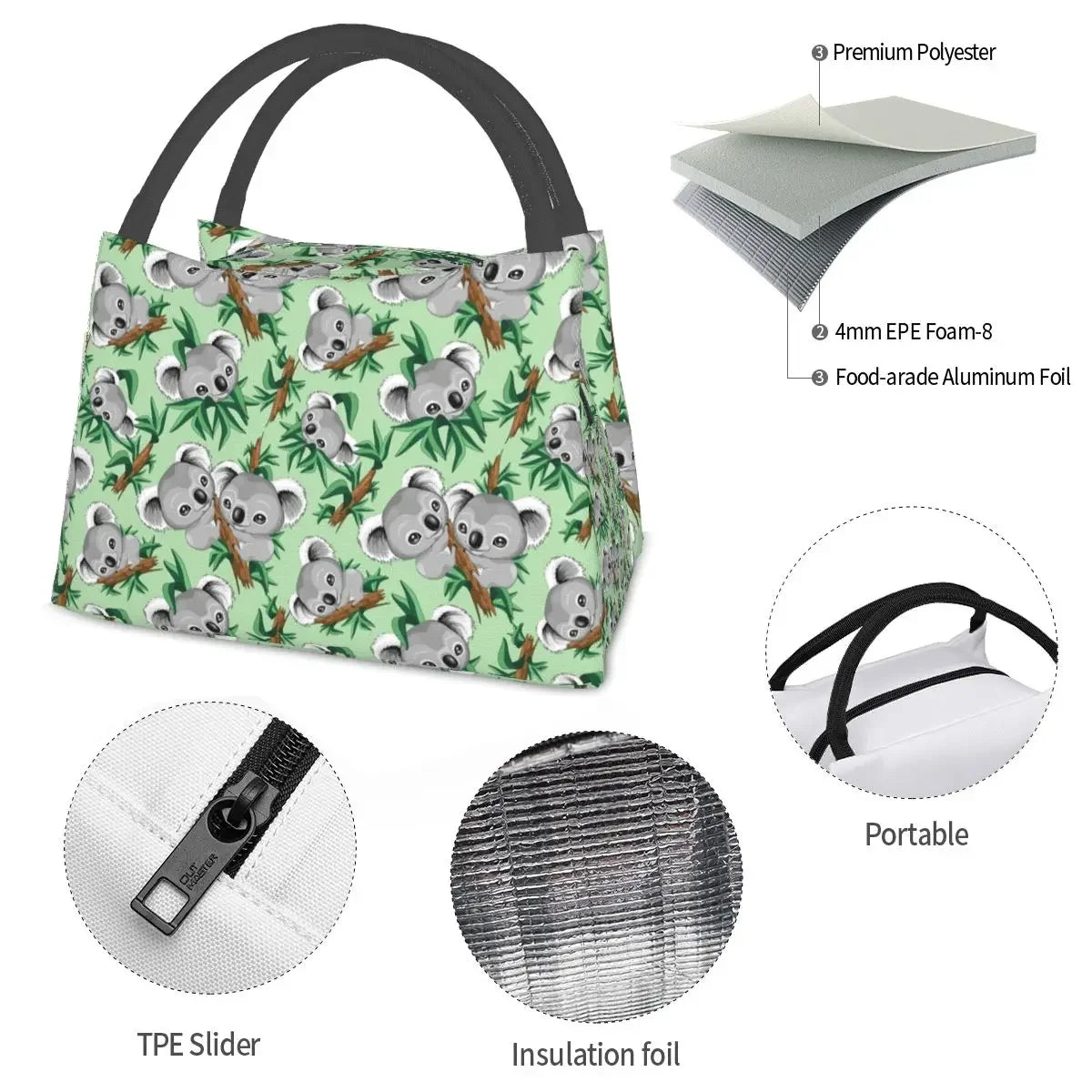 Cute Koala Lunch Bag Animals Fun Lunch Box Picnic Portable Zipper Tote Food Bags Graphic Cooler Bag