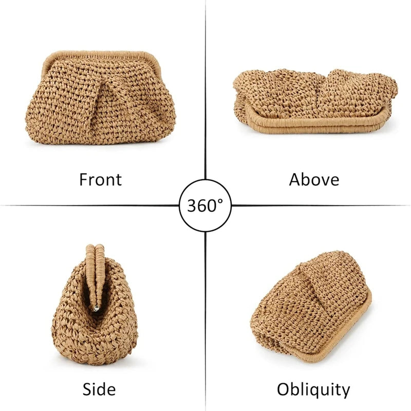 NEW-Straw Purse For Women Cloud Dumpling Pouch Straw Crossbody Shoulder Handbag Summer Beach Woven Bag