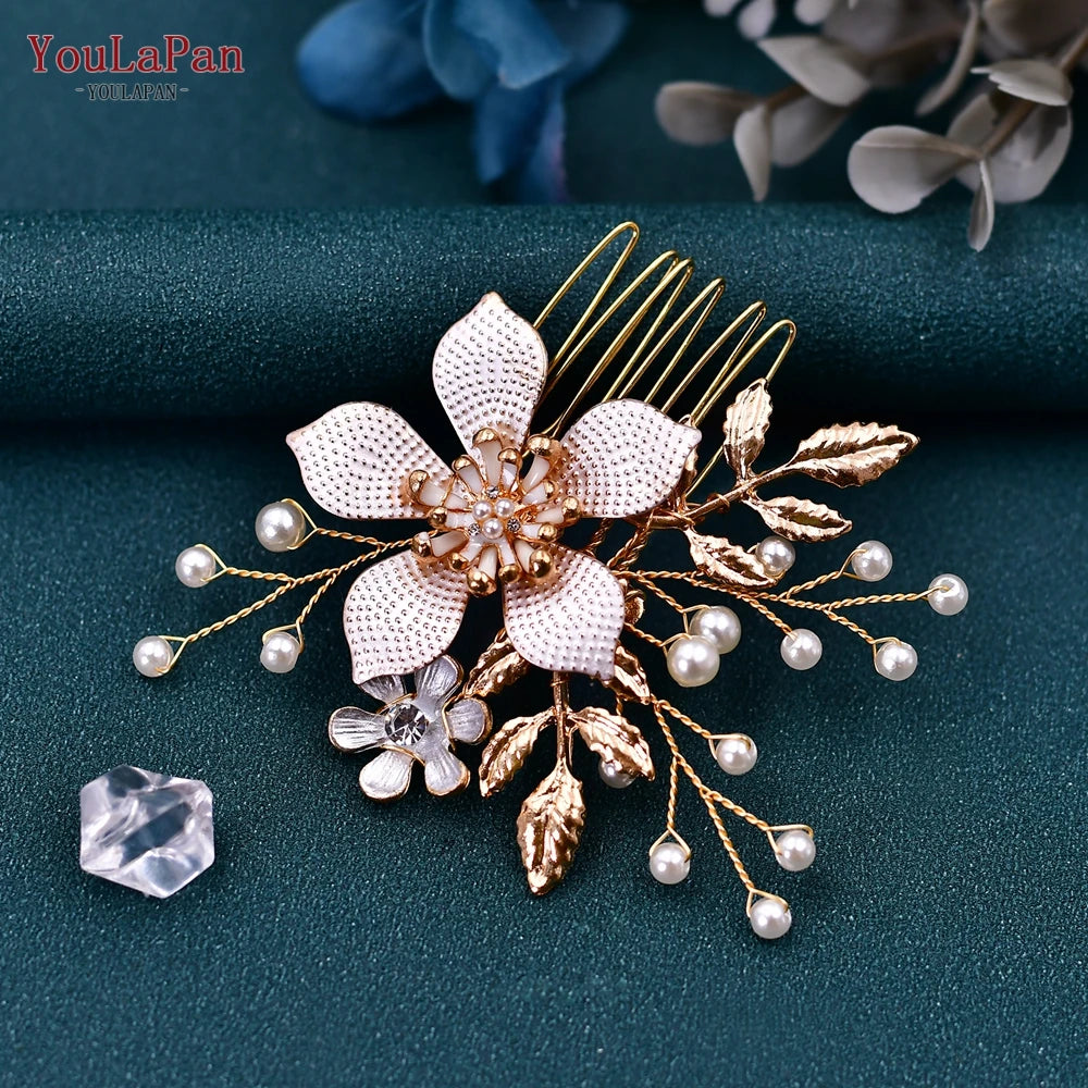 TOPQUEEN Luxury Wedding Hairpins Alloy Flower Wedding Comb Golden Color Bridal Wedding Accessories Pearl Bridal Hair Clips HP359