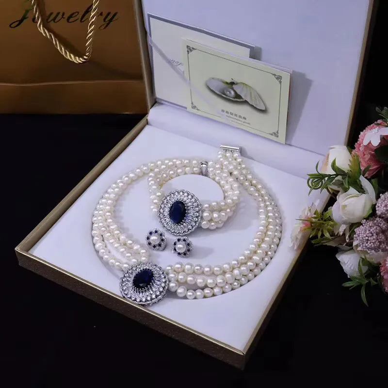 Set 3rows Pearl white gray 5-6mm 7-8mm necklace bracelet earrings Ring party wedding women's jewelry blue zirocn pendant