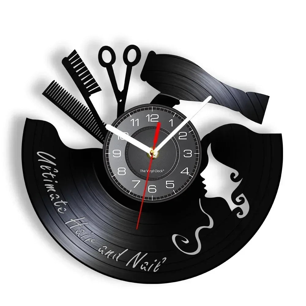 Barber Shop Sign Silent Haircutting Wall Clock Hairdressing Beauty Salon Design Vinyl Record Clock Watch Barber Shop Wall Decor