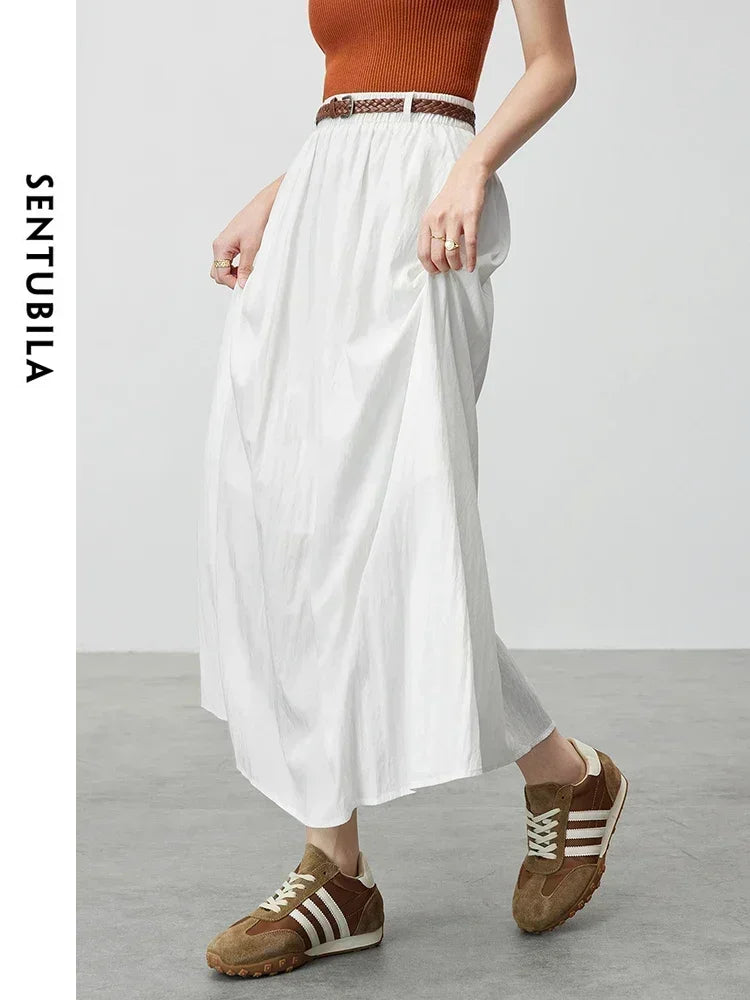 SENTUBILA A-line White Skirt Women 2025 Spring Casual Loose Elastic High Waist Long Skirt with Belt Woman Clothes W43Q56026