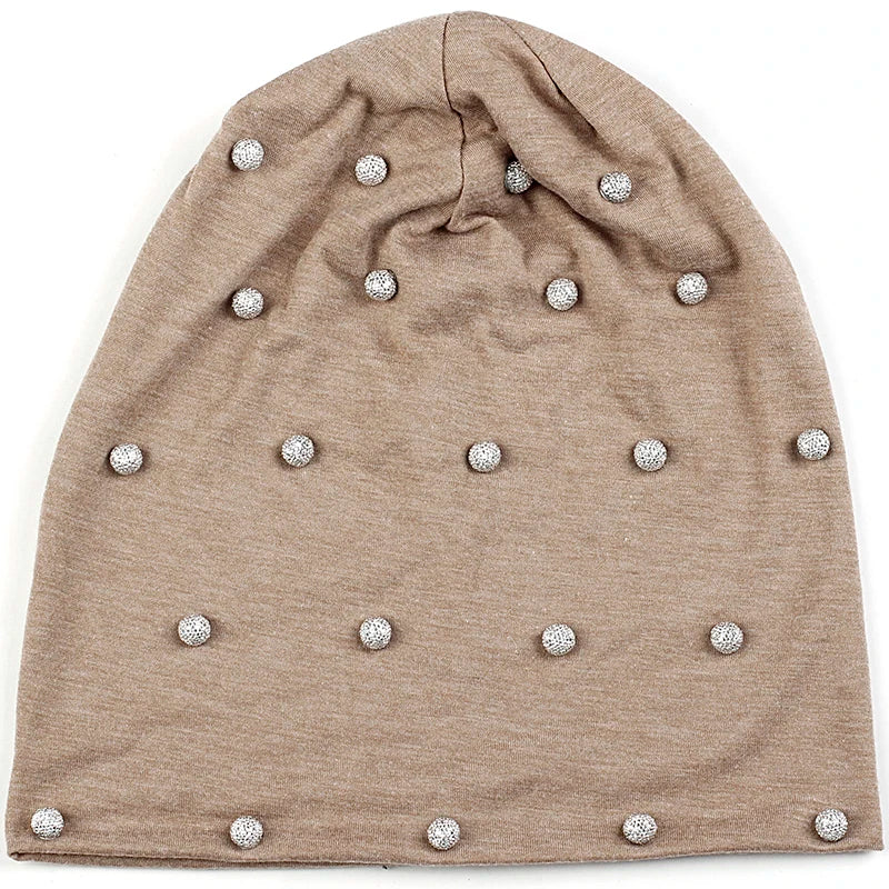 Geebro Women Spring Autumn Warm Soft Beanies Cotton Solid Color Fashion Skullies Hats With Silver Beads Accessories Caps Bonnet