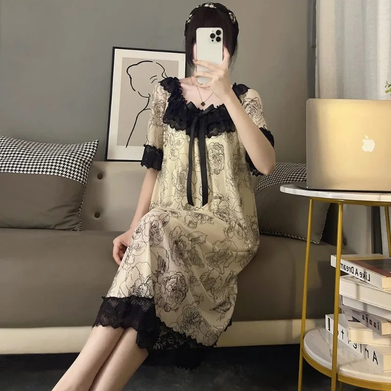 Modal Short Sleeve Premium Lace Lacework Pajamas Women's Loose Thin Loungewear with Chest Pad Summer Fashion Female Nightdress