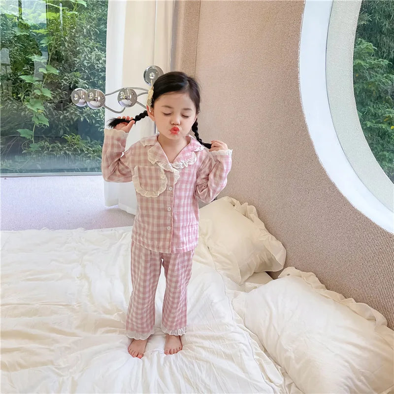 Children Pajamas 2024 Spring New Korean Children Clothing Girl Sweet Checkered Pajama Set Long sleeved Pants Home Fury