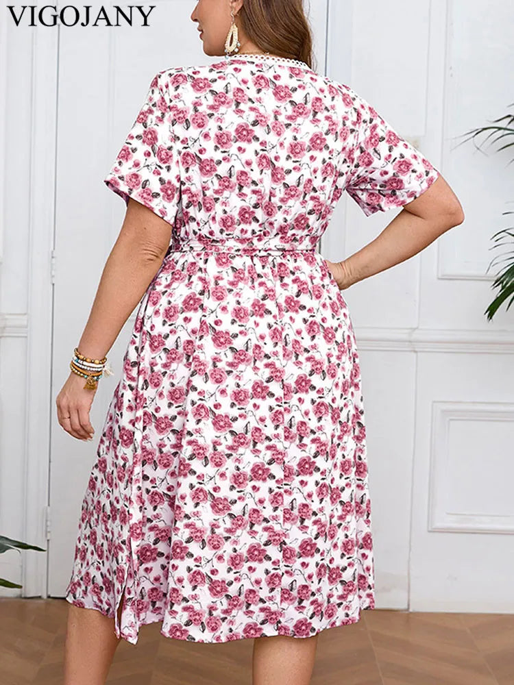 Vigojany 2025 Women Summer Print Plus Size Dress Casual V Neck Short Sleeve Large Big Dress Lady Loose Chubby Curvy Long Dresses
