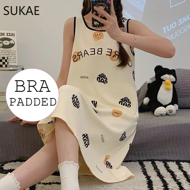SUKAE Comfy 100% Cotton Girl Sleeveless Dress Casual Nightgowns Summer New Nightdress Casual Women Sleepshirt Leisure Loungewear
