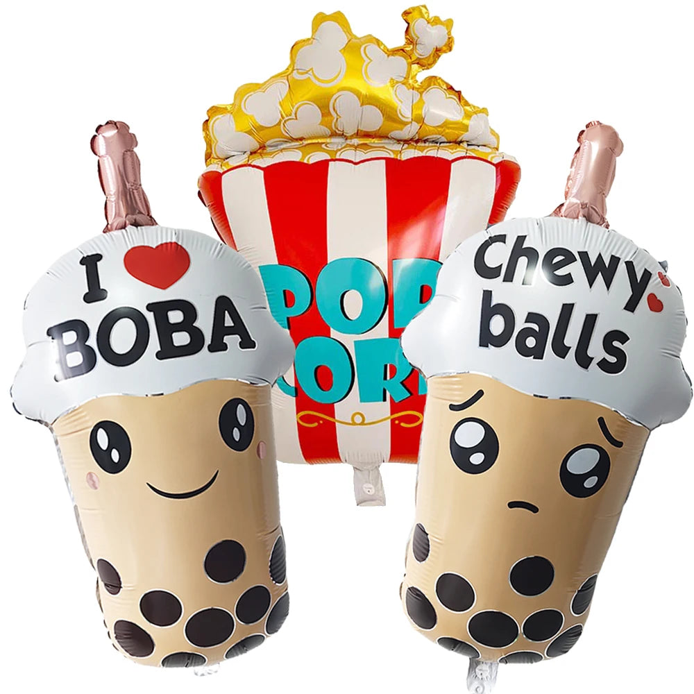Cartoon Boba Milk Tea Popcorn Balloon Children Girls Boys Movie Night Tea Party Decoration Supplies Kids Favor Gifts