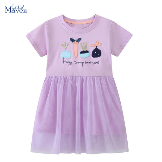 Little maven 2025 New Summer Children's Clothing Baby Girls Kids Clothes Cotton Embroidered Cartoon Carrots Purple Dresses
