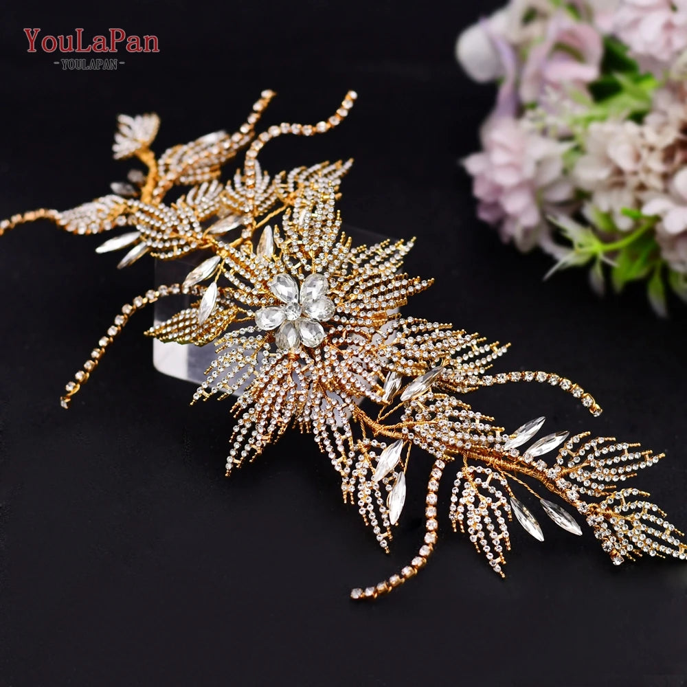 YouLaPan Gold Floral Wedding Hair Comb Bridal Crystal Pearls Headpiece Hair Accessories Bride Jewelry Women Hair Clips HP368