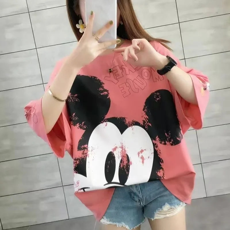 Summer Fashion Adult Short Sleeve T Shirts Cartoon Mickey Mouse Print Women Clothes Girl Top Lady Tshirts Student Tees Outwear