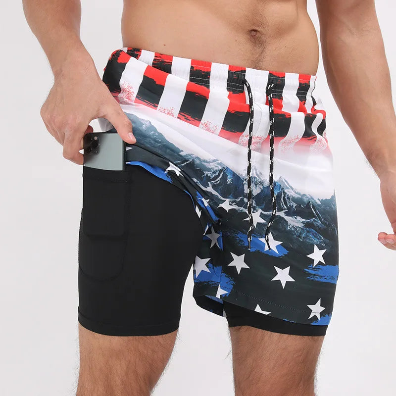 Summer Shorts Men Double Layer Beach Wear Surf Swimming Sportswear Fitness Loose Shorts Casual Trouser New Swimwear