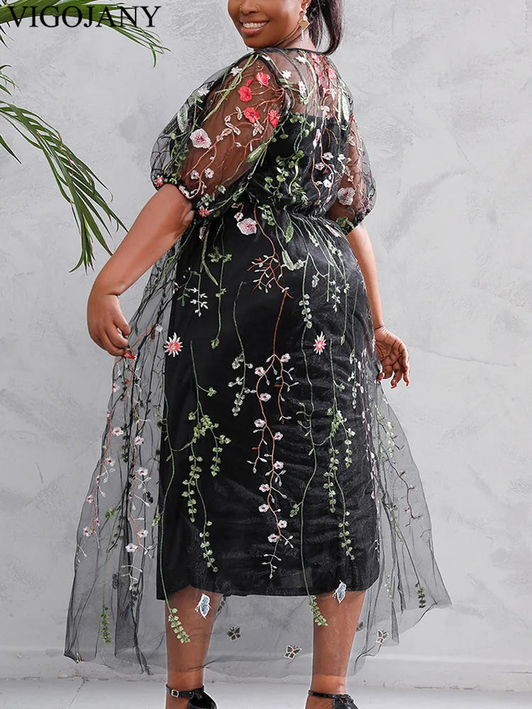 Vigojany 2025 Summer Mesh Patchwork Plus Size Dress Women O Neck Short Sleeve Large Big Dress Casual Lady Chubby Curvy Dresses