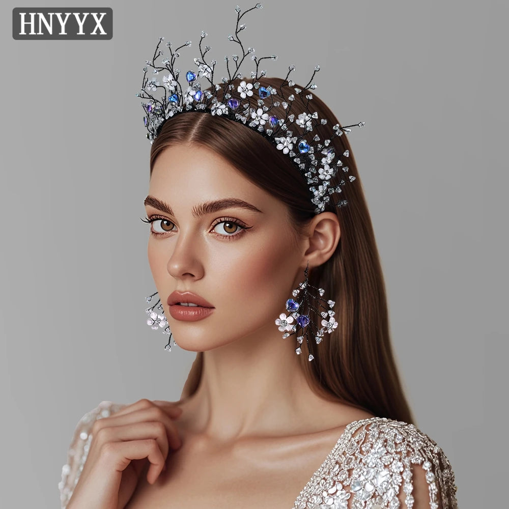 HNYYX Fashion Rhinestone Crown Women's Hair Accessories Earrings Set Handmade Jewelry Princess Hair Tiara Headband Gift A243